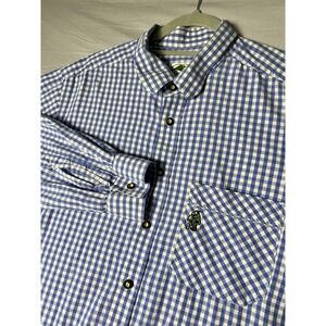 Cortina‎ Men's XL Blue & White Gingham Plaid Long Sleeve Golfer Logo 100% Cotton